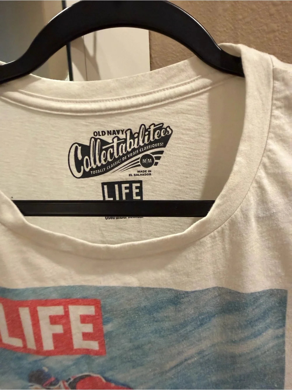 Old Navy White LIFE Graphic Women's Tee with Blue & Red Ski Print
